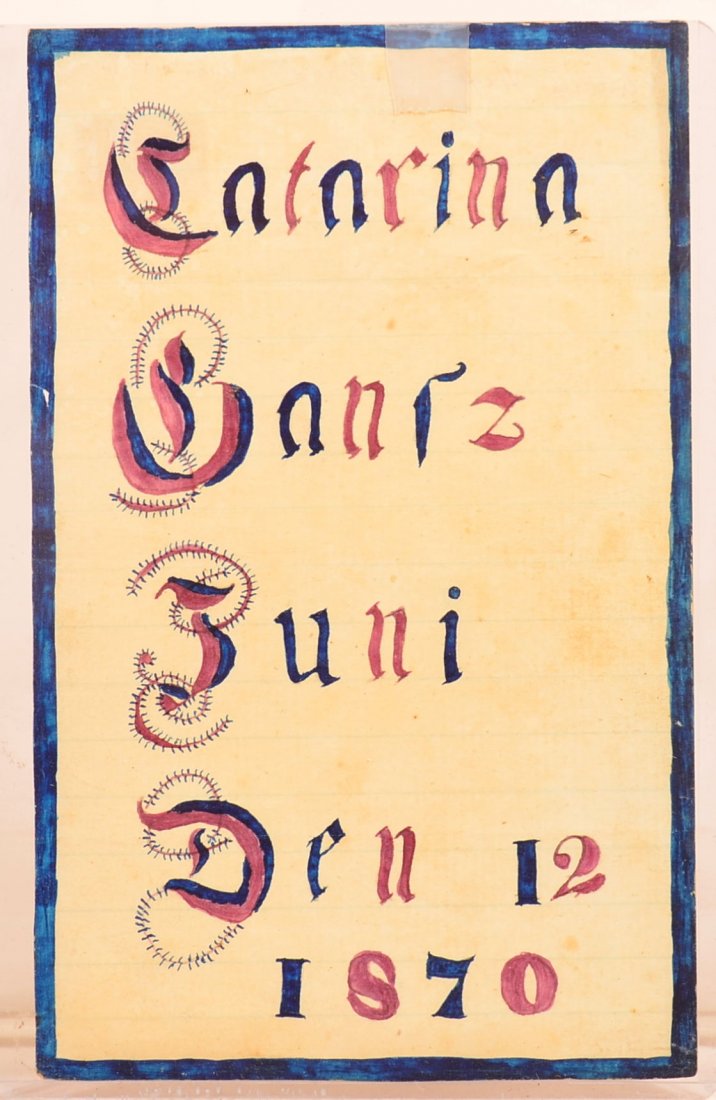 Amish Fraktur Bookplate - Catarina Gantz.: Amish Fraktur Bookplate Identified for Catarina Gatz, June 12th 1870. Signed on back by artist Elizabeth Hege, executed on lined paper. 6-1/8" x 3-7/8". Condition: Very good with minor fading.
