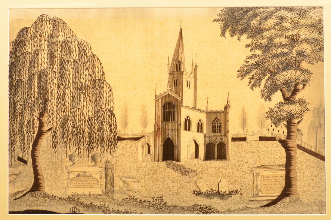 Needlework and Watercolor Mourning Picture. (1 of 4)