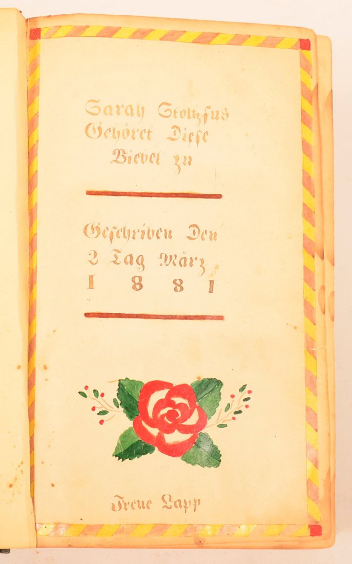 Amish Fraktur Bookplate signed Frene Lapp.: 19th Century Amish Fraktur Bookplate signed Frene Lapp. Made for Sarah Stoltzfus born 2nd of March 1881, with hand painted rose and sprig motif, signed at bottom Frene Lapp. In an 1870 German imprint 