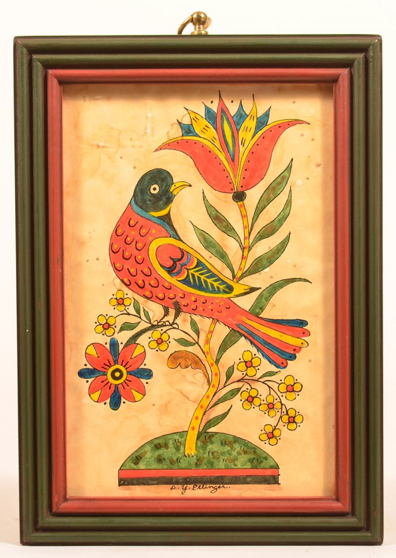 David Ellinger Folk Art Watercolor of Bird. (1 of 3)
