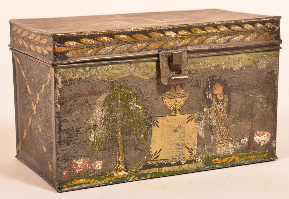 Tole Decorated Tin Box with Mourning Scene. (1 of 5)