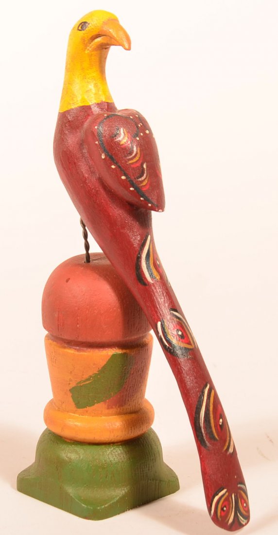 Gottshall Contemporary Carved Bird on Pedestal: Gottshall Carved and Painted Wood Folk Art Bird on Pedestal. Signed June & Walt 1997". 8-1/2"h. Condition: Very good.