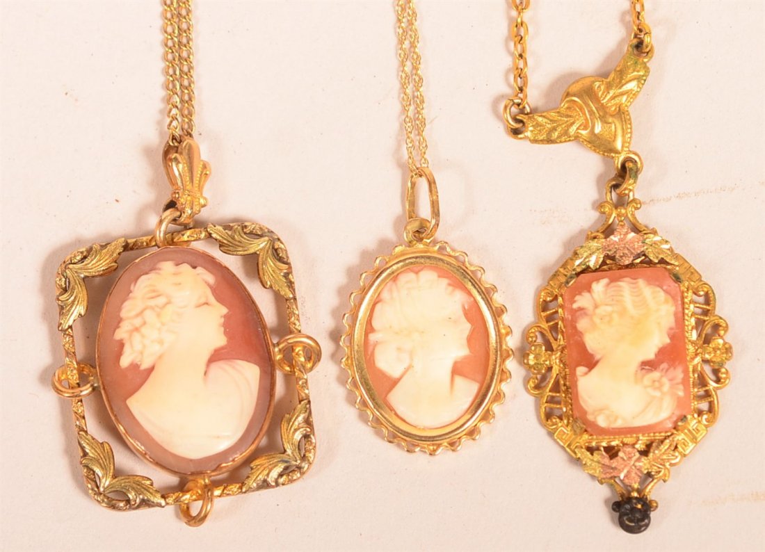 3 Various Shell Cameo Pendants with Chains. (1 of 2)
