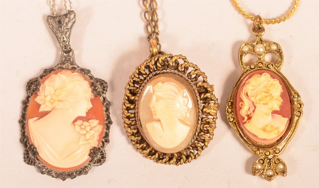 3 Various Shell Cameo Pendants with Chains. (1 of 2)