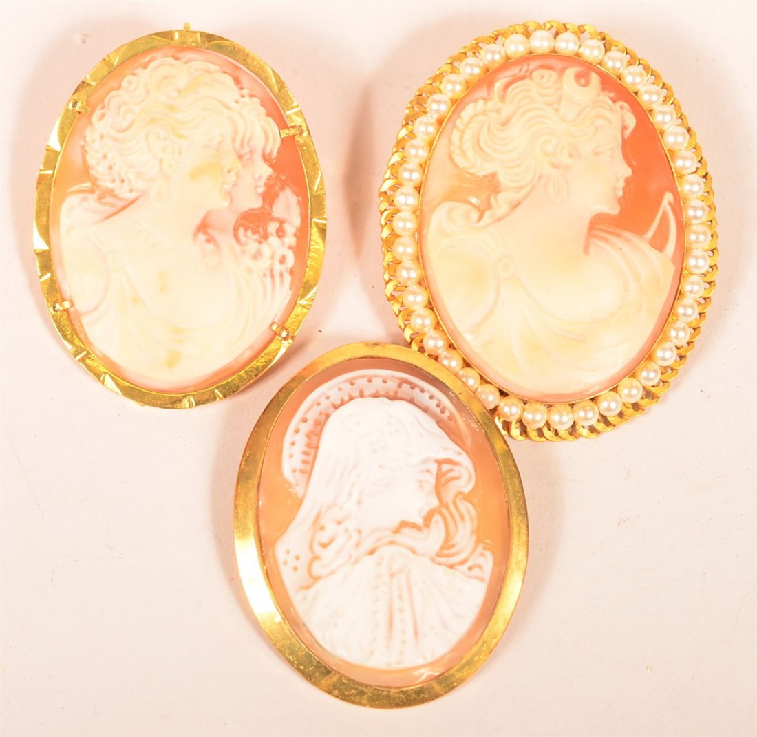 3 Vintage Gold Plated Silver Frame Cameo Pins. (1 of 2)
