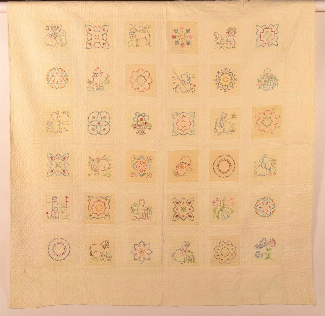 1930s Embroidered Pictorial Folk Art Quilt (1 of 4)