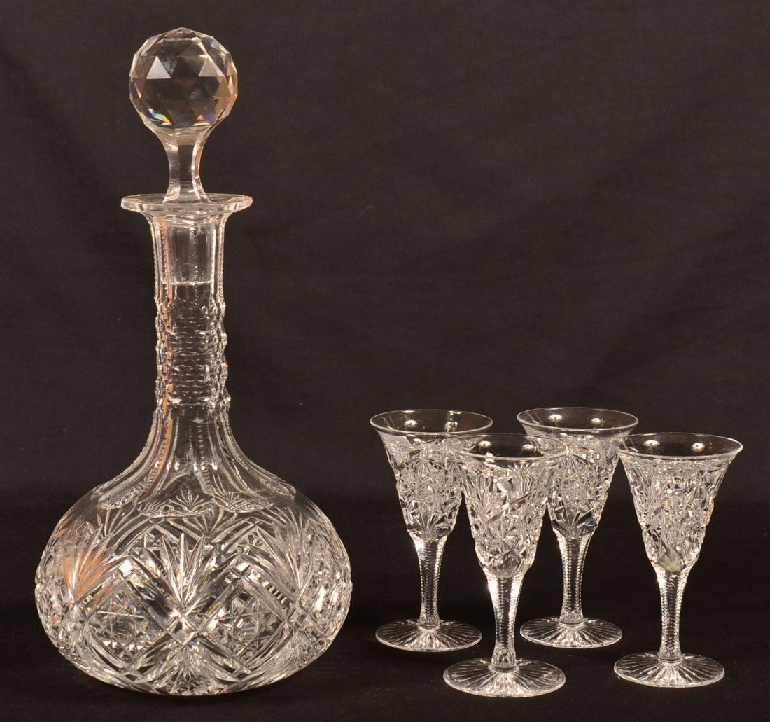 5 Piece Assembled Brilliant Cut Glass Liquor Set. (1 of 3)