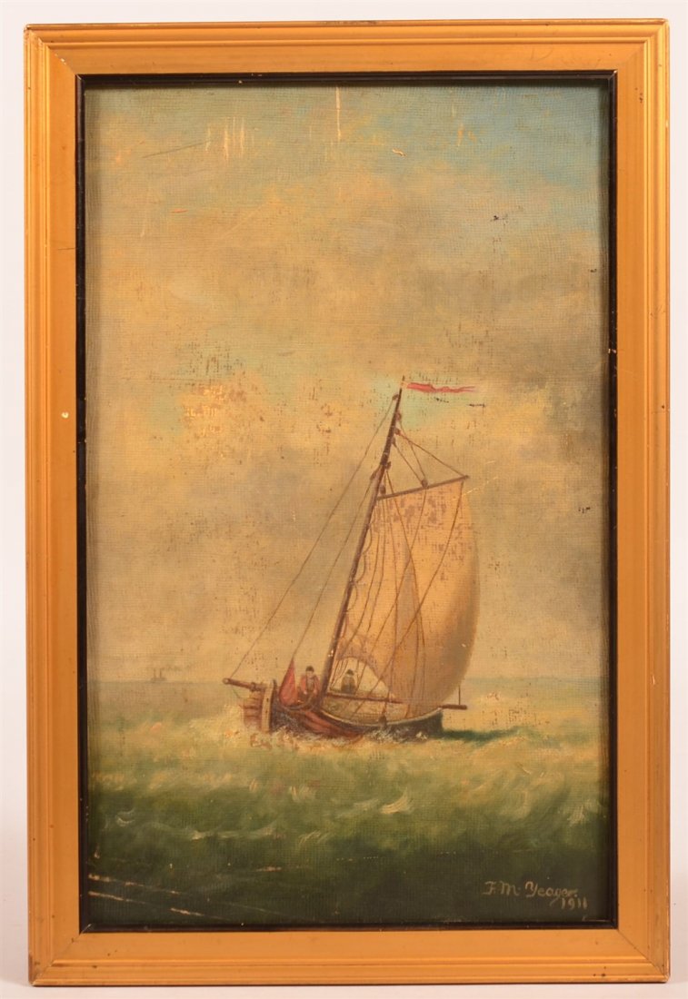 F.M. Weager 1911 Oil on Board Sailing Vessel (1 of 3)