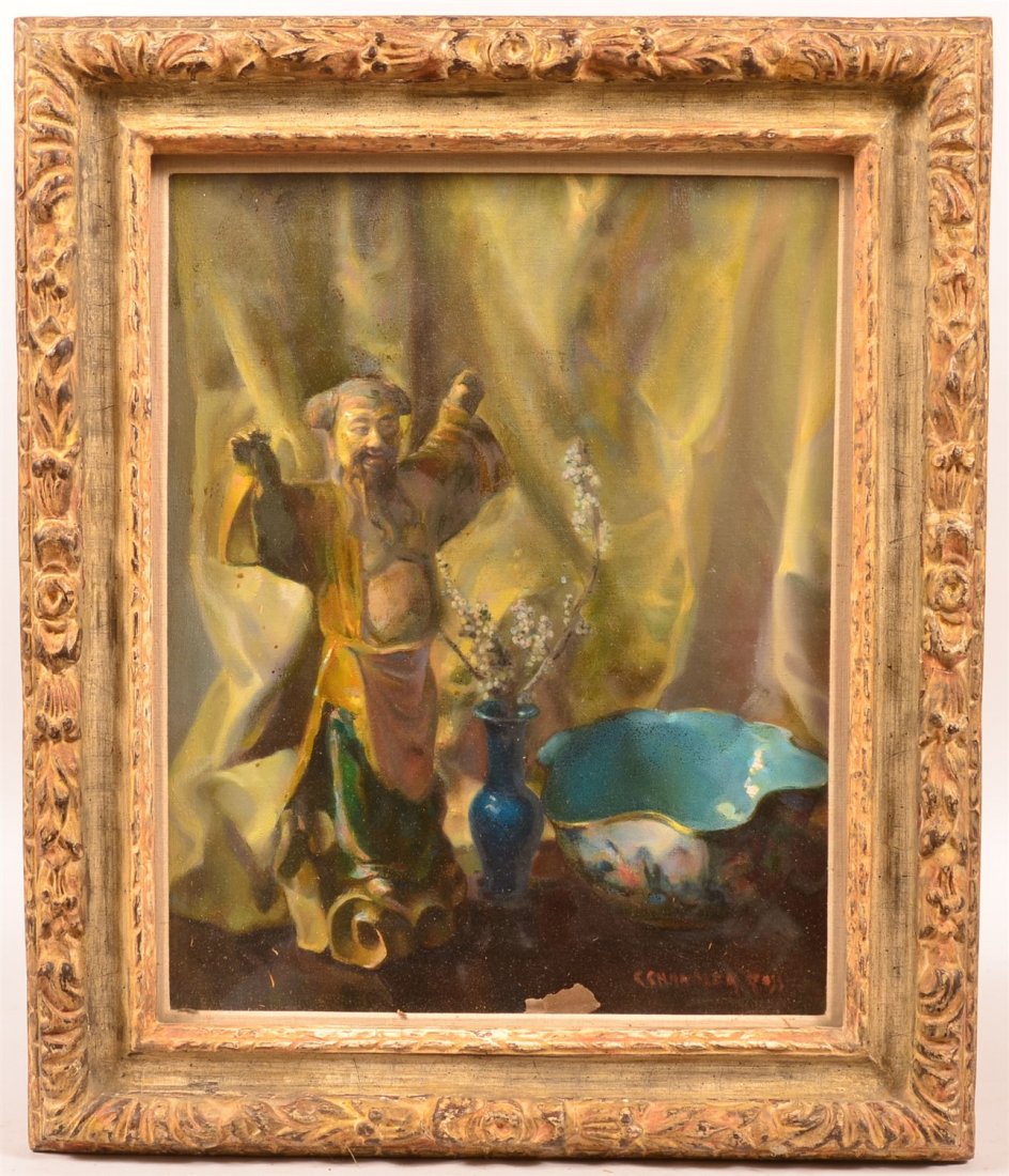 C. Chandler Ross Chinese Oil on Canvas: C. Chandler Ross Ritchfield, CT Oil on Canvas Still Life of Chinese Artifacts, Circa 1920. Studied at Academie Juliene, Paris. Period frame 21 1/2"h x 26"w. Condition: Very good.