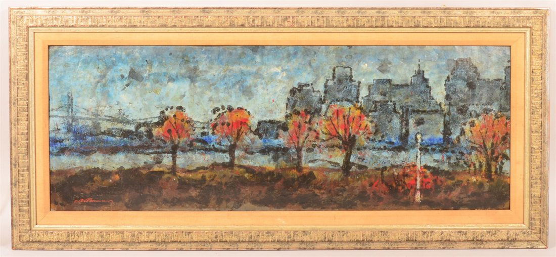 Oil on Board by Albert Marzano Philadelphia. Scene: Oil on Board by Albert Marzano Philadelphia. Circa 1950s View of Betsy Ross Bridge. Original frame 19 1/2"h x 44"w. Condition: Very good.