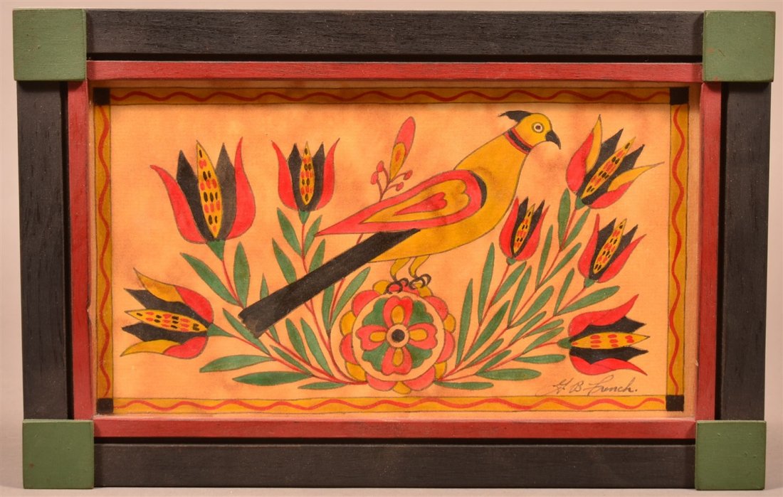 Signed G.B. French Folk Art Watercolor of Bird (1 of 2)