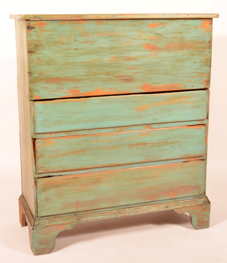 18th Century NE Mule Chest with Blue Surface: 18th Century NE Mule Chest with Blue Surface and Original Cotter Pin Hinges and Dove Tail Drawers. 46 1/4"h x 39 1/2"w x 17 1/4"l. Condition: Wear to paint and replaced back foot.