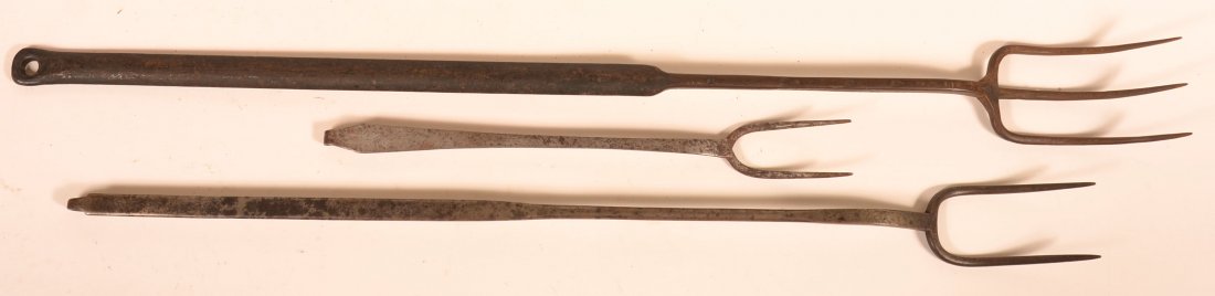 Three 18th/19th Century Iron Flesh Forks.: Three 18th/19th Century Iron Flesh Forks. 16" fork stamped E.A.C., largest measures 36" overall. Condition: Good with pitting and rust.