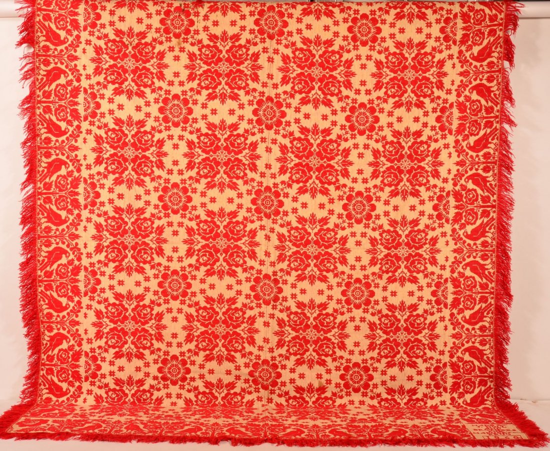 Red and Neutral Two Part Jacquard Coverlet. (1 of 3)