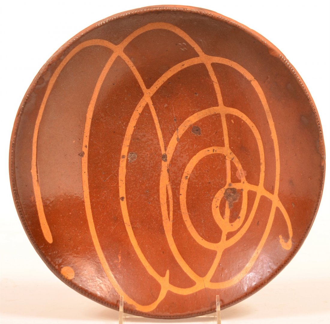 Yellow Slip Decorated Redware Pottery Charger. (1 of 2)