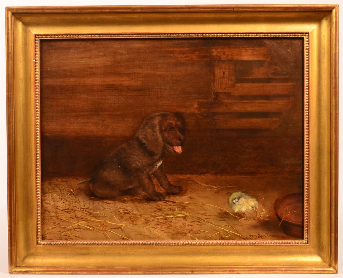 Ben Austrian Oil on Canvas of Puppy and Peep. (1 of 5)