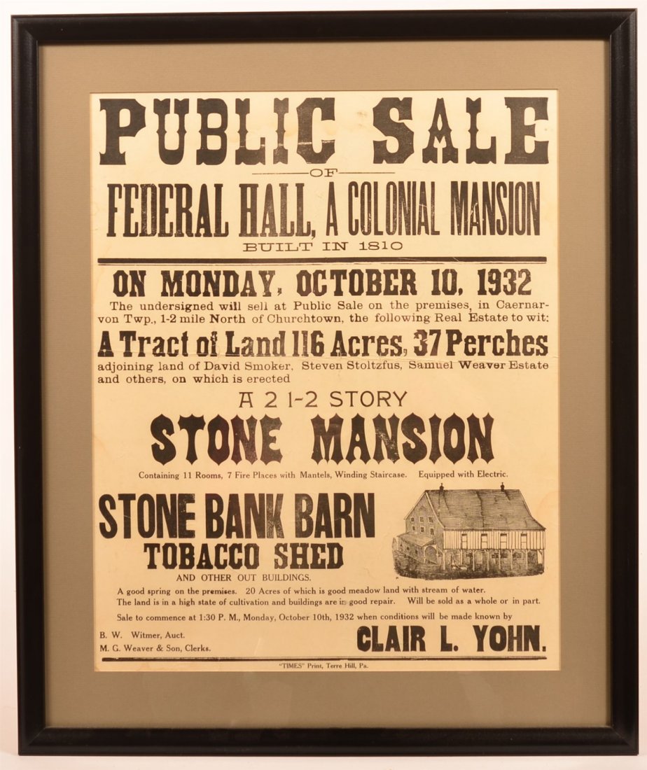 Public Sale Broadside of Stone Mansion and Barn (1 of 2)