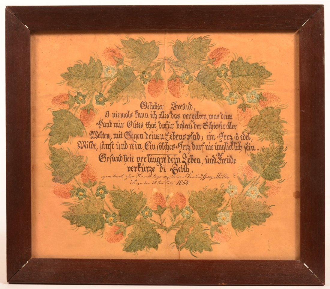Pin Prick and Watercolor Fraktur.: Pin Prick and Watercolor Fraktur Titled Beloved Friend. Dated July 25th 1854. Romantic verse encompassed in a strawberry, floral and foliate pin pricked wreath. Image 9" x 10-5/8"; in a mitered wood f