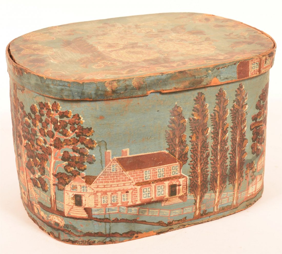 19th Century Wall Paper Covered Bentwood Box. (1 of 6)