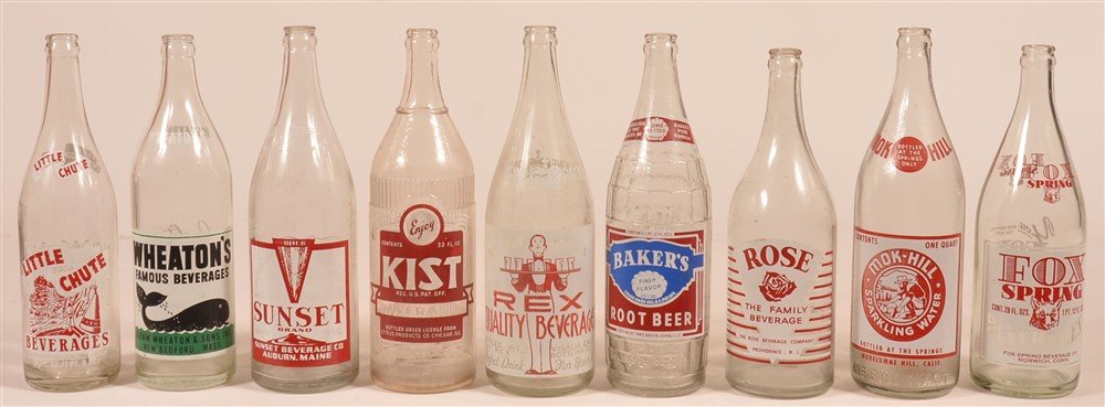 Lot of 9 Vintage Painted Label Glass Soda Bottles. (1 of 1)