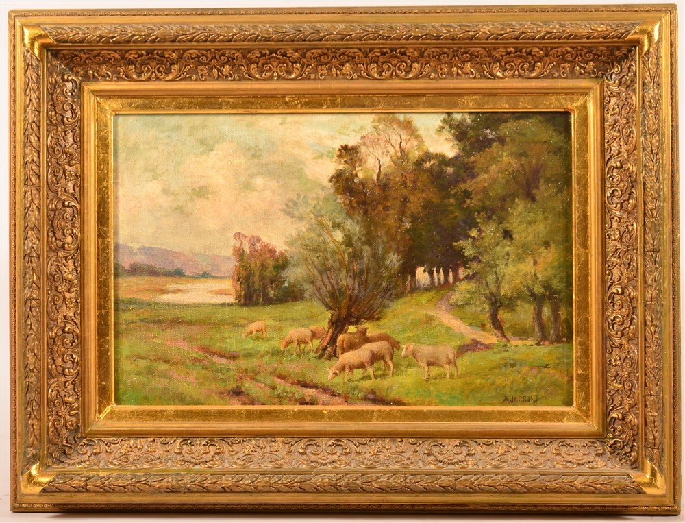 19th Century Oil on Canvas Painting of Sheep.: 19th Century Oil on Canvas Painting of Sheep in Rural Setting. Signed A. Jarrort lower right. Image 13-1/2" x 21-1/4", in a ornate gilt molded frame, 23-1/2" x 31" overall. Condition: Painting is good
