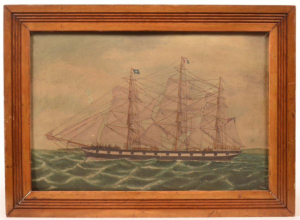Oil on Artist Board of a Three Mast Ship at Sea.: Unsigned Late 19th/Early 20th Century Oil on Artist Board of a Three Mast Ship at Sea. Image 12" x 18", in a reeded wood frame, 16-1/4" x 22" overall. Condition: Good with overall soiling, some scratc