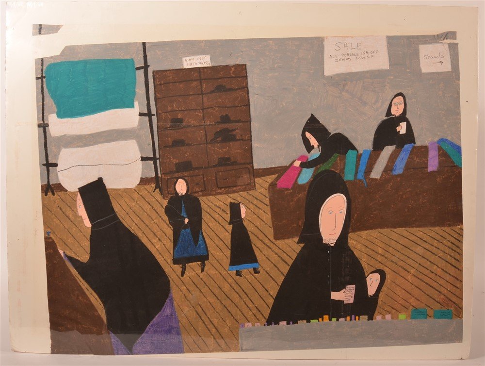 Late 20th C. Jan Edwards Gouache on Paper: Late 20th C. Jan Edwards Gouache on Paper. Amish women working in dry goods shop. 29 1/2"h x 40"w. Condition: Tears to both upper corners.