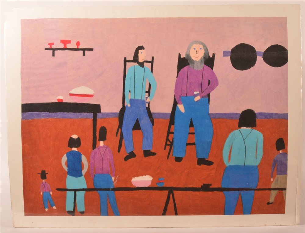 Late 20th C. Jan Edwards Gouache on Paper: Late 20th C. Jan Edwards Gouache on Paper. Amish men gathering. 30"h x 40"w. Condition: Very good.