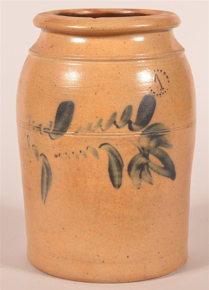19th C. PA Stoneware Jar w/ Cobalt Slip Tulip (1 of 2)