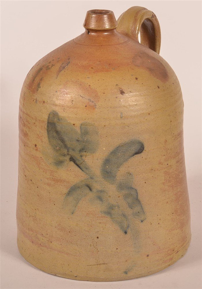 19th C. PA Stoneware Jug w/ Cobalt Slip Tulip (1 of 2)