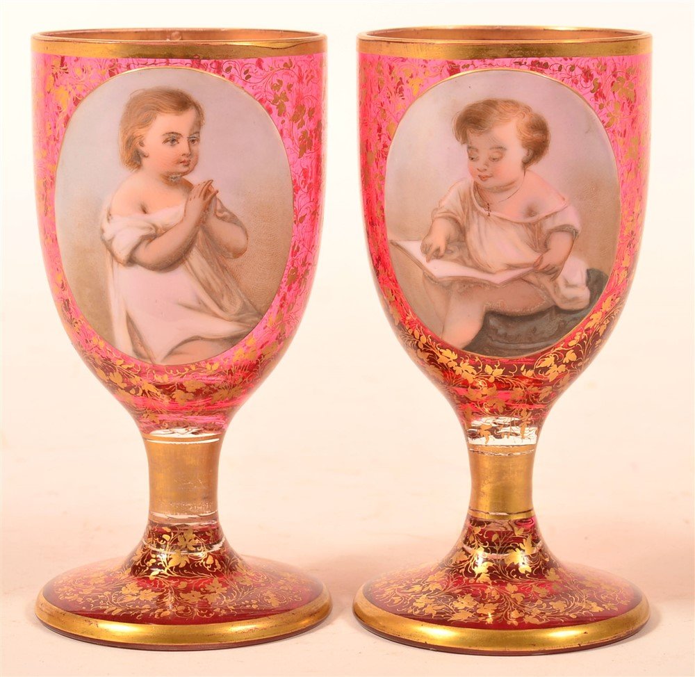 Pair of Moser Type Cranberry Glass Goblets. (1 of 5)