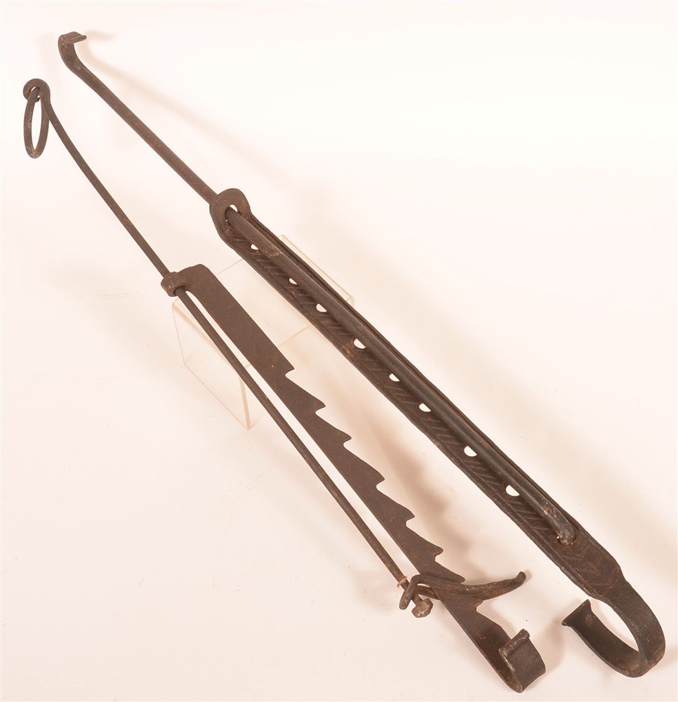 Two 19th Century Hearth Trammels.: Two 19th Century Hearth Trammels. 35"l. and 43"l.. Condition: Good with rust and wear.