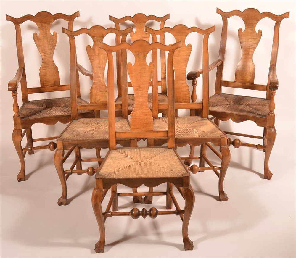 Set of Six 20th C. Phila. Tiger Maple Dining Chairs (1 of 2)