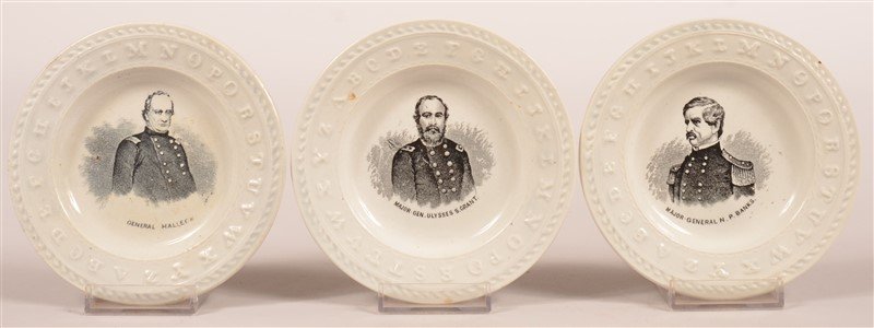 Three Ironstone China Alphabet Plates.: Three Ironstone China Alphabet Plates. Black transfer busts of civil war generals. Major Gen. Ulysses S. Grant, Major General N.P. Banks, General Halleck. All measure approx. 5-1/8" diam. Condition: V