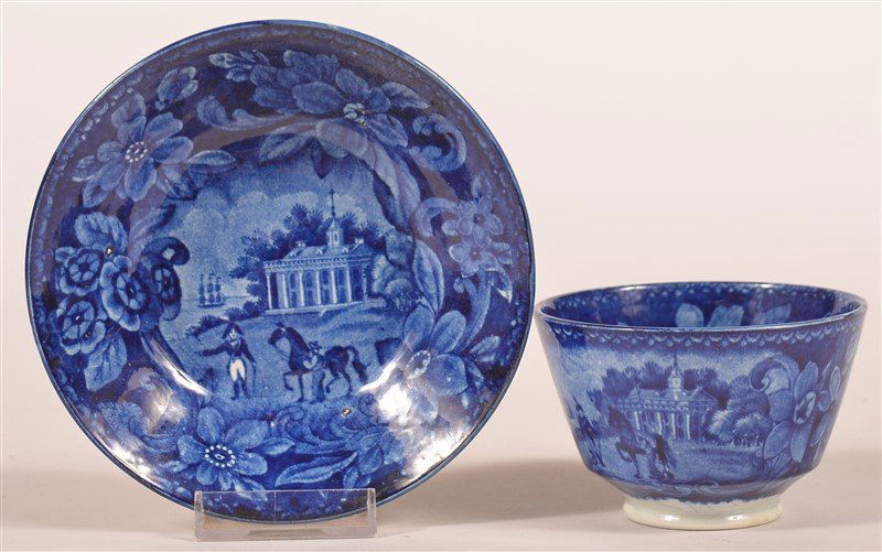 Historical Staffordshire Blue Cup and Saucer. (1 of 3)
