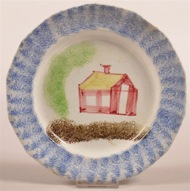 Blue Spatter School House Pattern China Plate. (1 of 3)