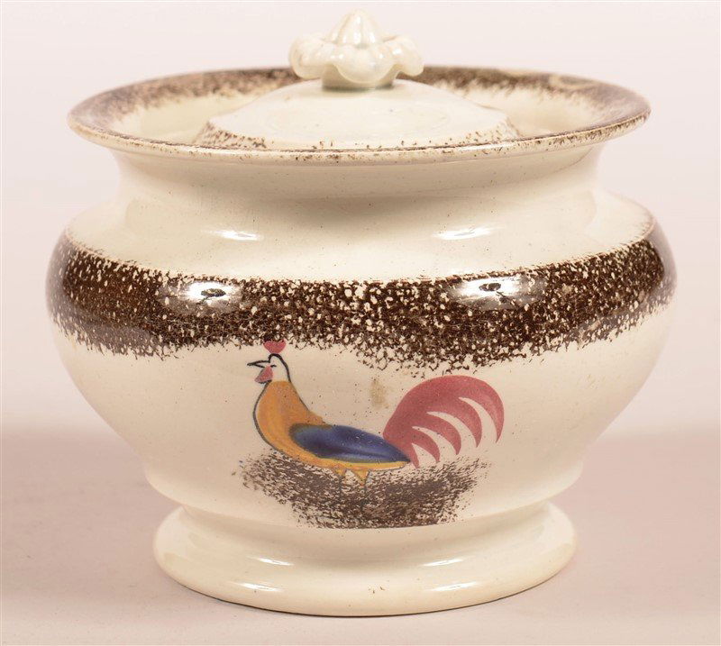 Brown Spatter China Rooster Pattern Sugar Bowl. (1 of 3)