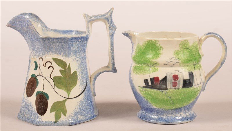Two Blue Spatter China Cream Pitchers. (1 of 3)