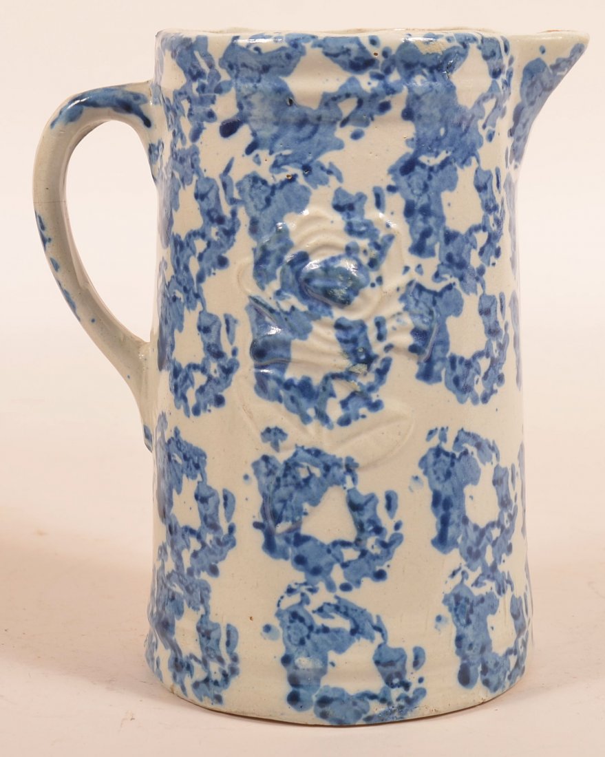 Blue Sponge Decorated Stoneware Pitcher. (1 of 3)