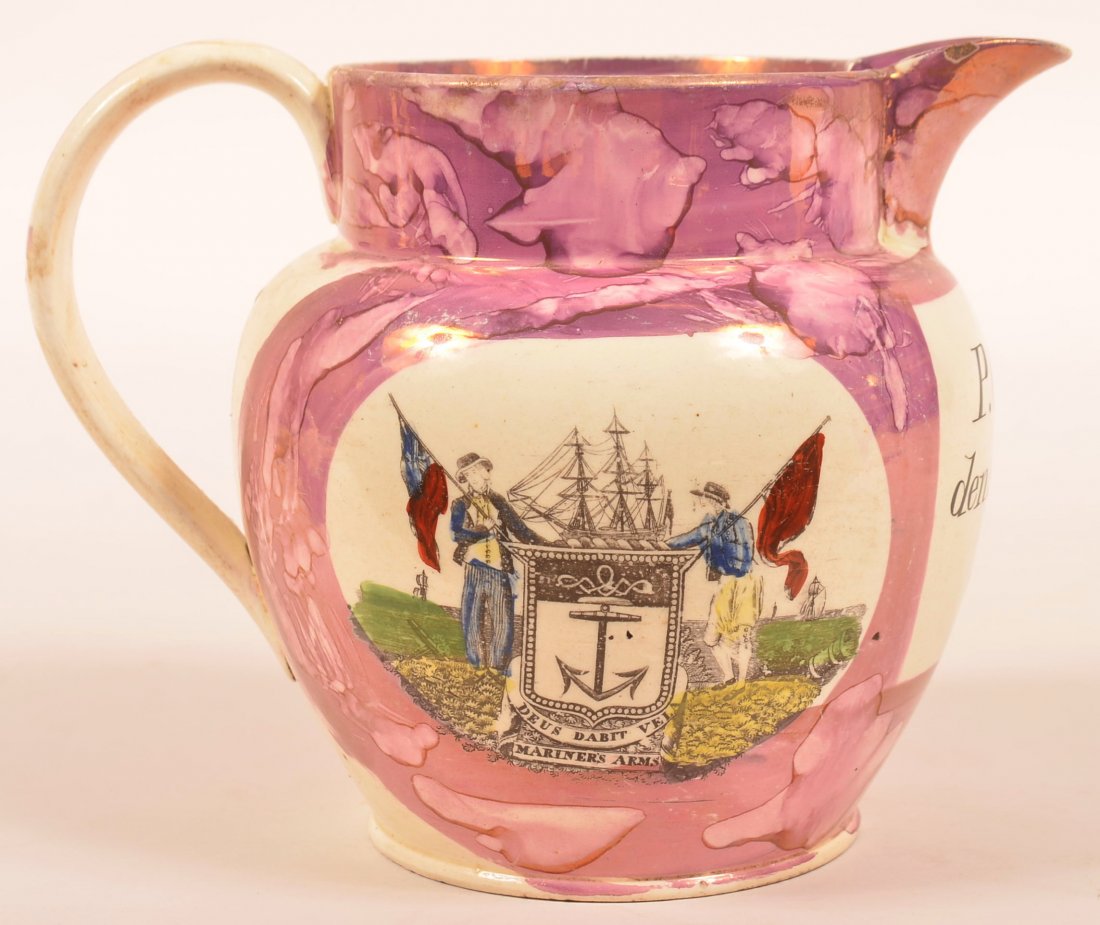 Sunderland Lustre Clipper Ship Transfer Pitcher.: Sunderland Lustre Hard Paste China Transfer Decorated Water Pitcher. "Success to the Coal Trade" with clipper ship transfer on obverse. "Mariners Arms" transfer on reverse. Panel under spout signed "P