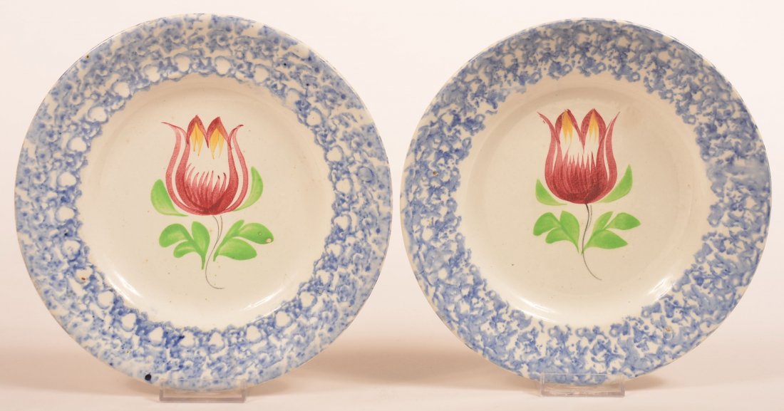 Two Blue Sponge Tulip Pattern China Plates. (1 of 2)
