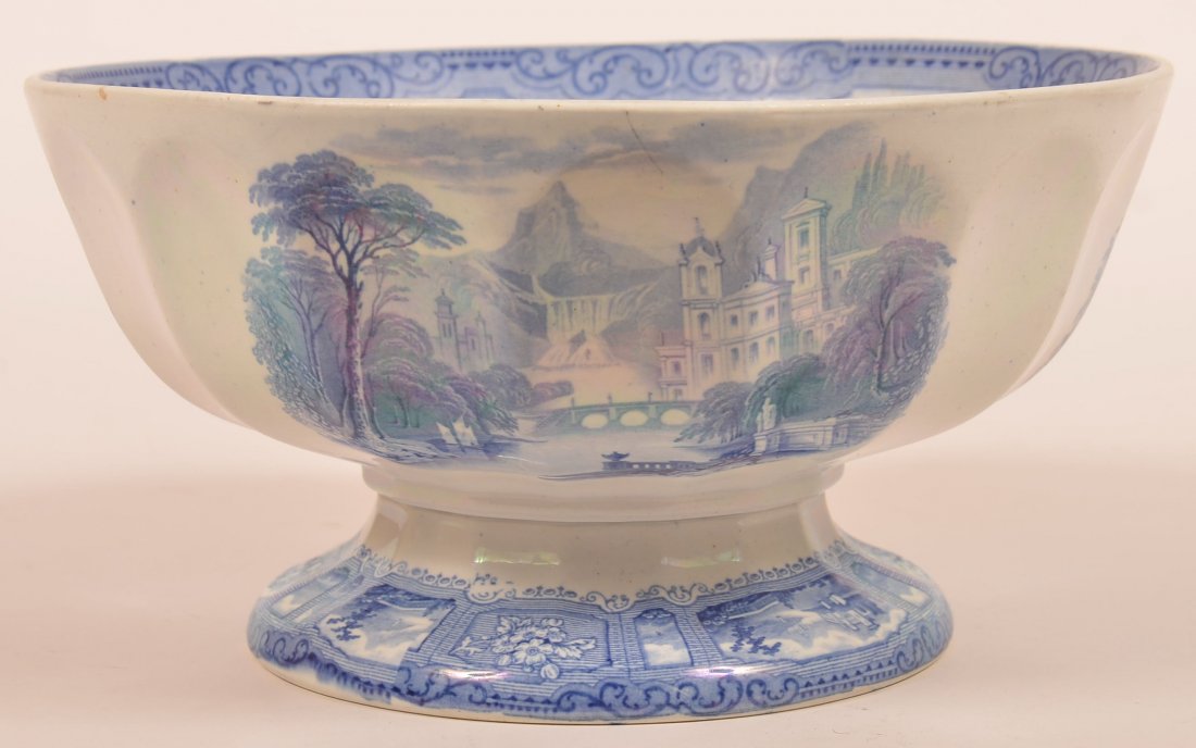 Ironstone Blue Trans. "Shannon" Patt. Compote.: Blue Transfer Ironstone China "Shannon" Pattern Compote. 5-1/2"h. x 10-3/4" diam. Condition: Very good.