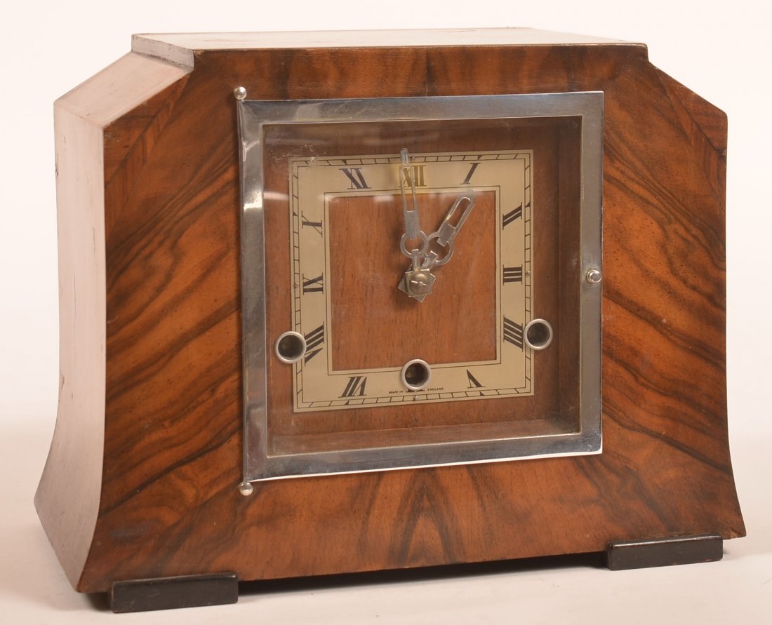 English Art Deco Burl Mahogany Shelf Clock. (1 of 4)