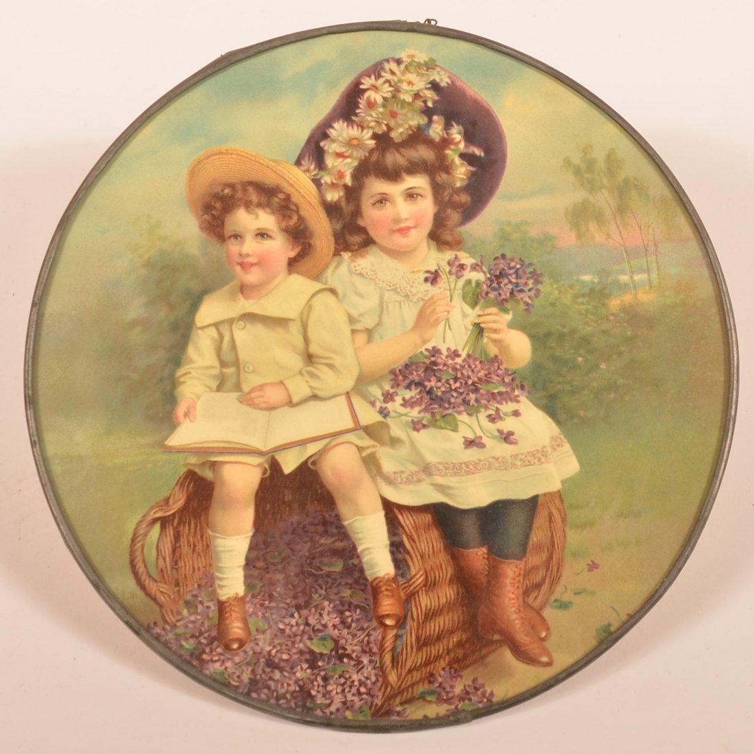Children sitting on Basket of Violets Flue Cover. (1 of 2)