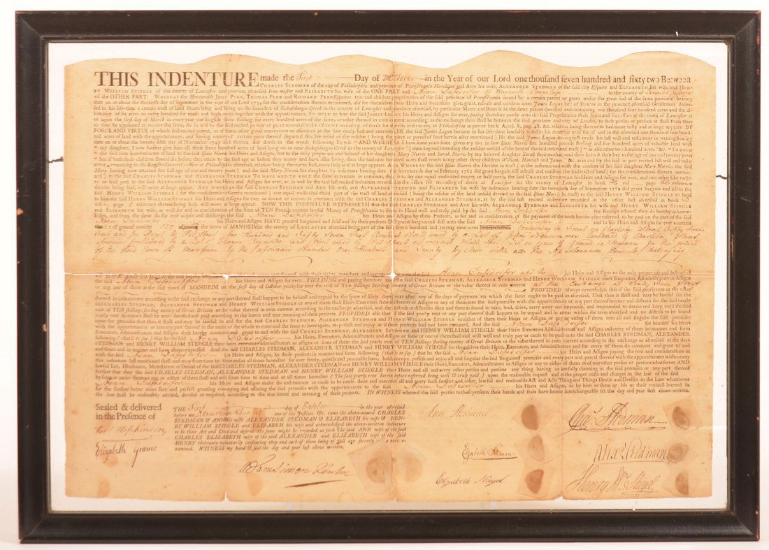 Stiegel Signed Lancaster County Indenture, 1762. (1 of 4)