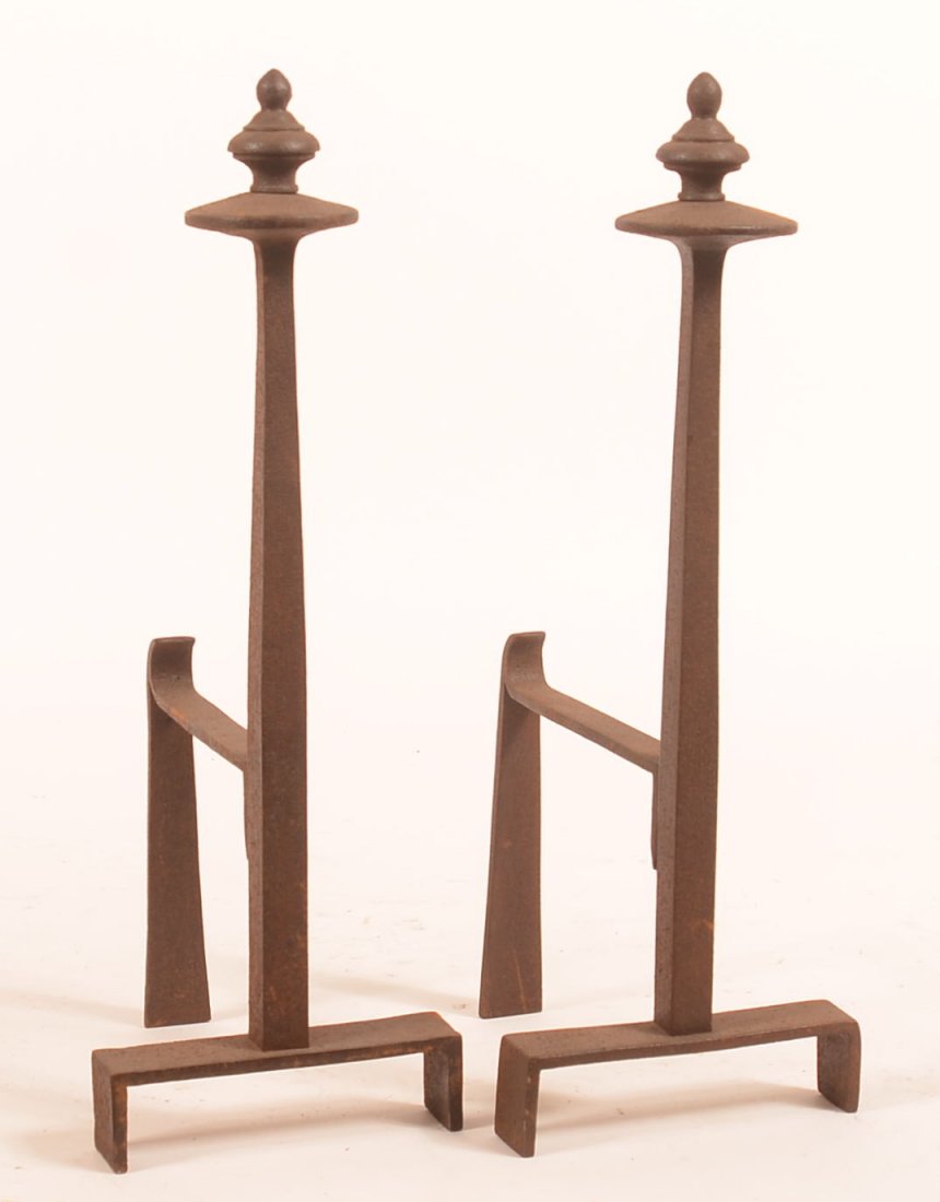 Pair of Iron Andirons.: Pair of Iron Andirons. 16-3/4"h. x 7-1/4"d. Condition: Good with pitting and rust.