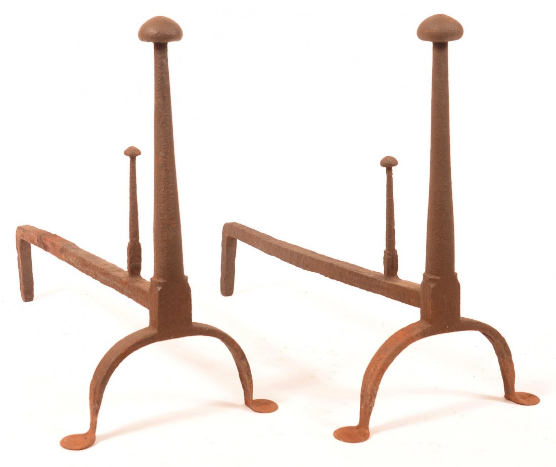 Pair of 19th Century Iron Andirons.: Pair of 19th Century Iron Andirons. Tapered columns with mushroom finials and penny feet. 17"h. x 20" d. Condition: Good with rust and pitting.