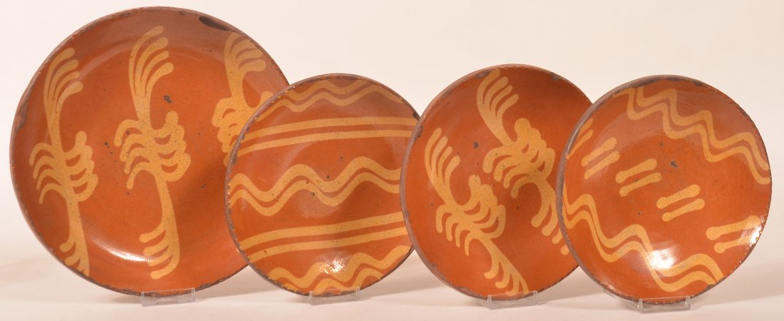 4 Greg Shooner Redware Slip Decorated Plates. (1 of 1)