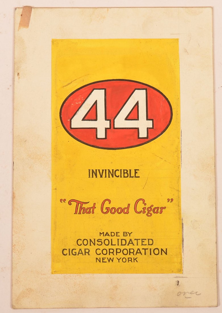 Extremely rare " 4+ Invincible Cigar!" Original Body: Extremely rare " 4+ Invincible Cigar!" Original Body Artwork. Can Measures 3 1/4" x 5 1/2" with Slip cover lid. Run on December 23, 1919 by the 44 Cigar Co. in joint association with The Consolidated