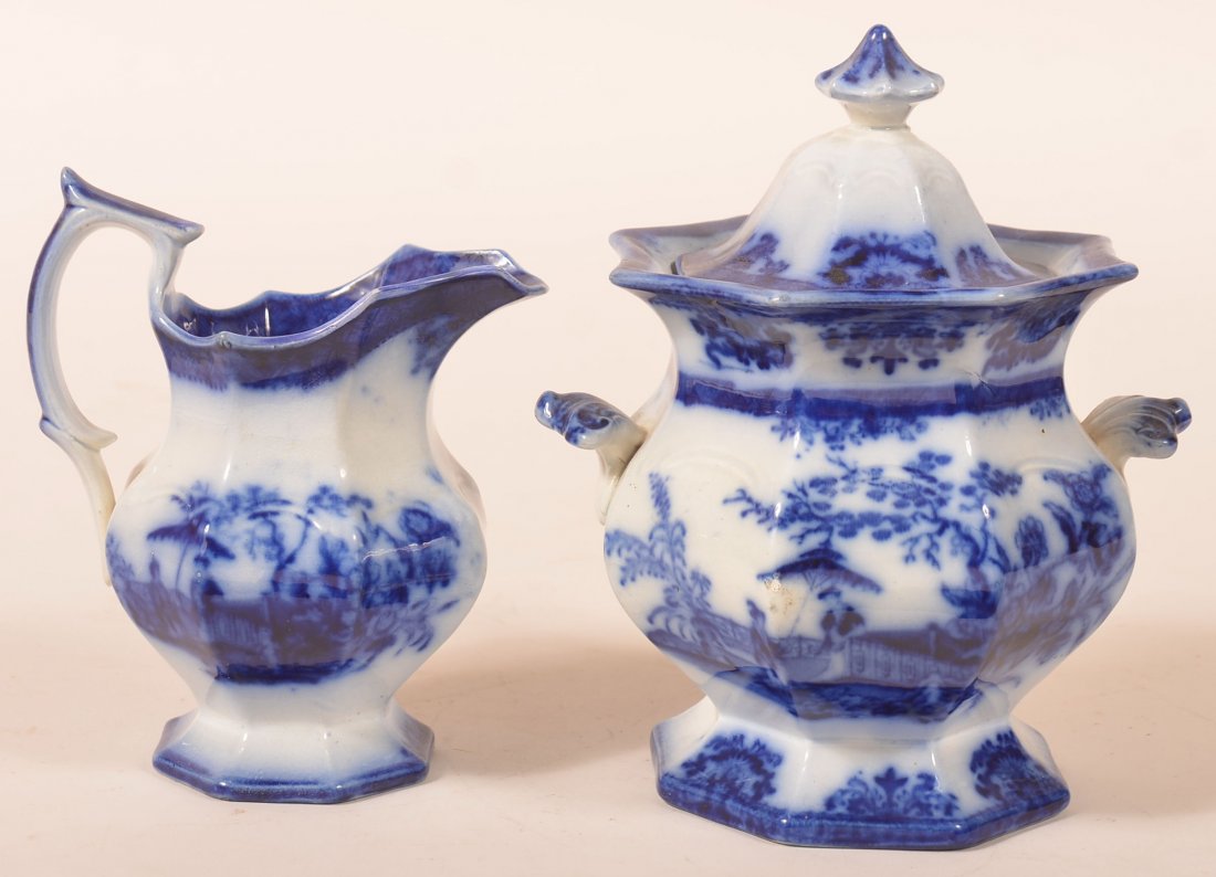 Flow Blue China "Amoy" Pitcher & Sugar Bowl. (1 of 2)